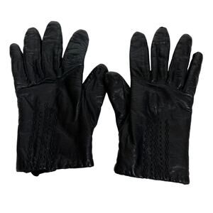 Van Raalte Black Leather Gloves 1980s Vintage Medium Knit Lining Vintage Retro